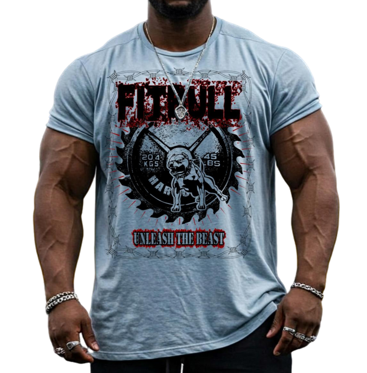 Man wearing a blue FITBULL t-shirt with a motivating graphic design with a barbel, with a pitbull and text UNLEASH THE BEAST: