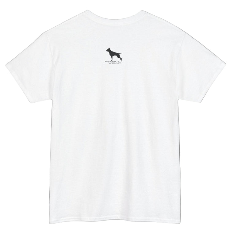 White  Fitbull fitnes gym T-shirt with a logo on the back side view.