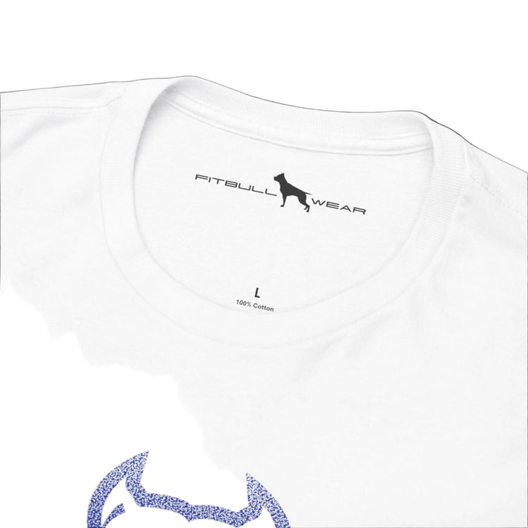 White  Fitbull fitnes gym T-shirt with a logo on the front side inner view.