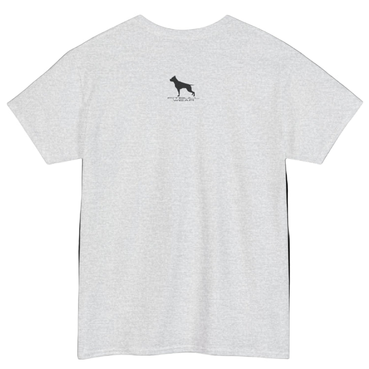 Grey  Fitbull fitnes gym T-shirt with a logo on the back side view.