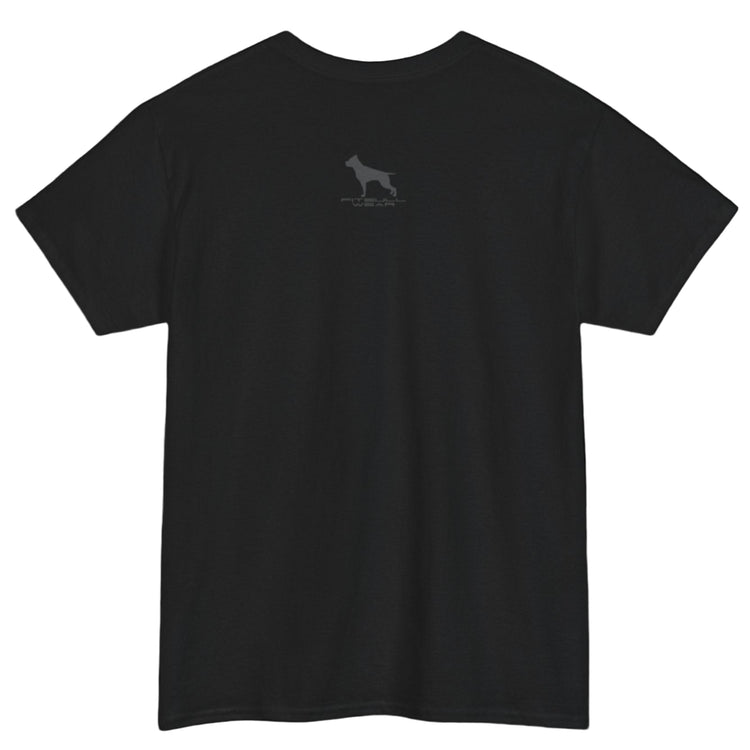 Black Fitbull fitnes gym T-shirt with a logo on the back side view.