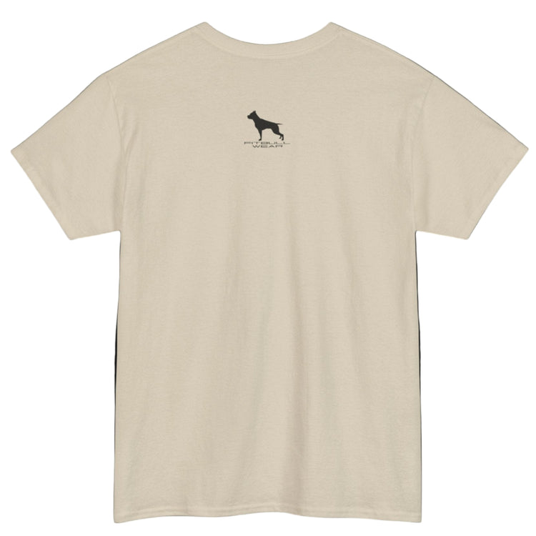 Beige Fitbull fitnes gym T-shirt with a logo on the back side view.