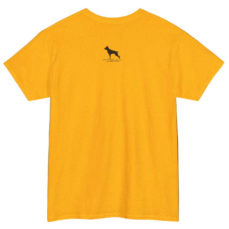 Yelow Fitbull Fitness T-shirt with a gym logo on the outer neck  view.