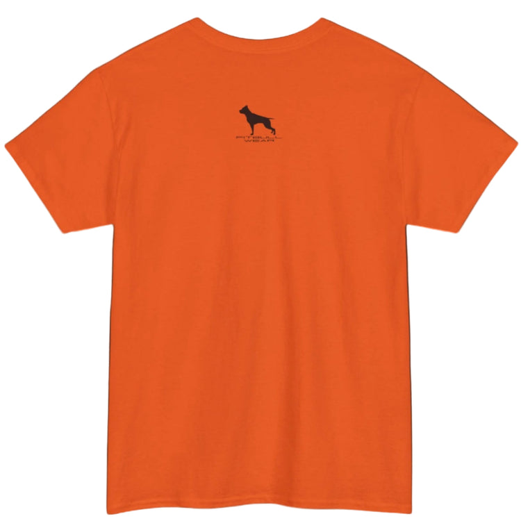 Orange Fitbull Fitness T-shirt with a gym logo on the outer neck  view.