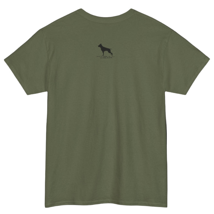 Military green Fitbull T-shirt with a logo on the outer neck d view.