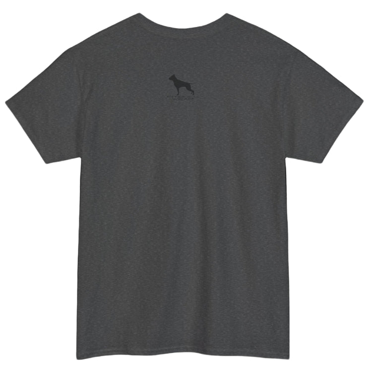Sport grey Fitbull T-shirt with a logo on the outer neck d view.