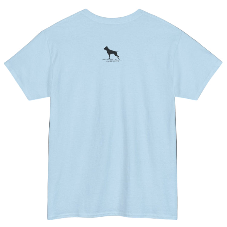 Light blue Fitbull T-shirt with a logo on the outer neck d view.