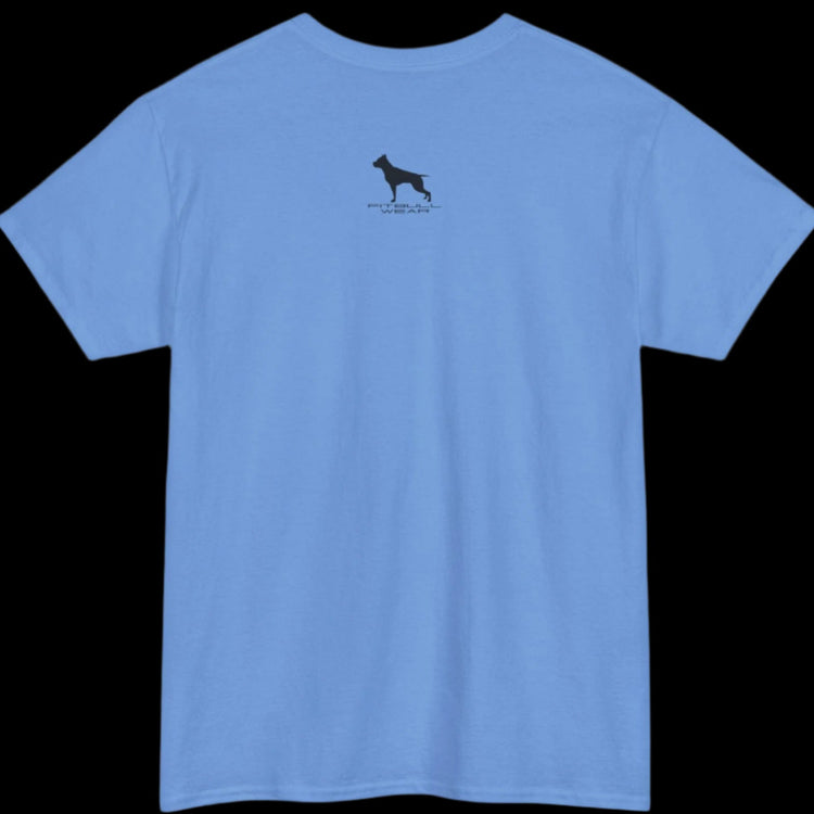 Blue Fitbull T-shirt with a logo on the outer neck view.