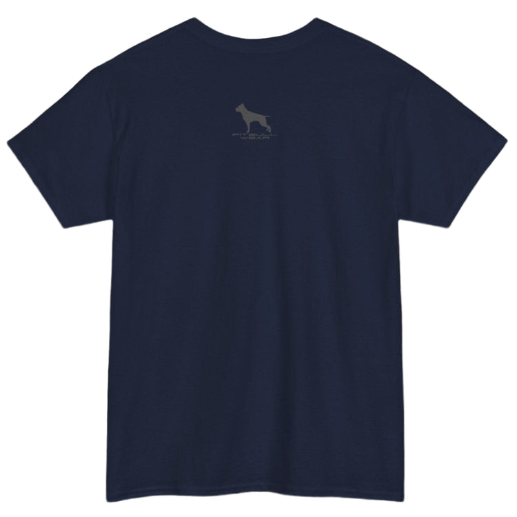 Navy blue Fitbull T-shirt with a logo on the outer neck d view.