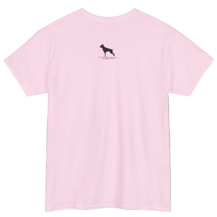 Pink Fitbull T-shirt with a logo on the outer neck  view.