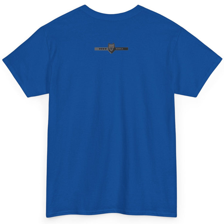 A  blue bodybuilding spotry 'Fitbull' t-shirt witnt logo and mitvation design back.