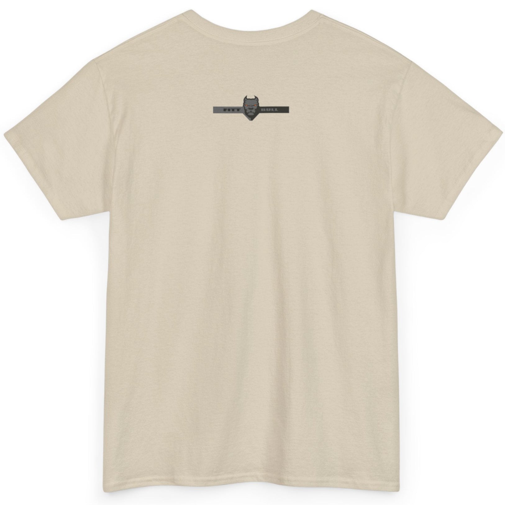 A  beige bodybuilding spotry 'Fitbull' t-shirt witnt logo and mitvation design back.
