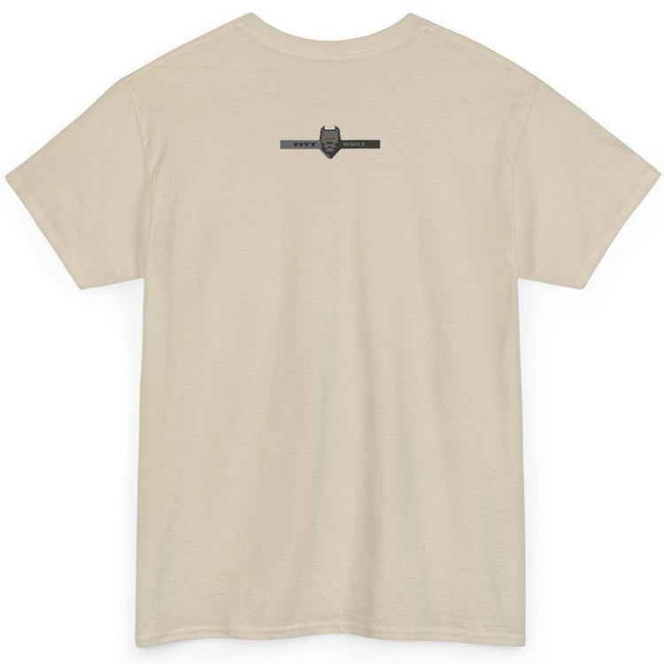 A  beige bodybuilding spotry 'Fitbull' t-shirt witnt logo and mitvation design back.