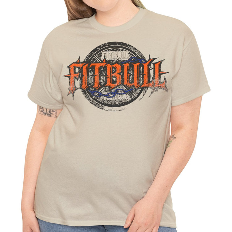 A  beige bodybuilding spotry 'Fitbull' t-shirt witnt logo and mitvation design front.