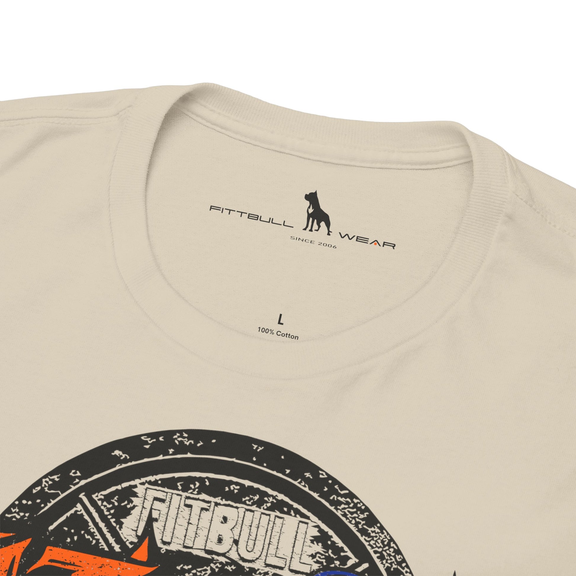 A  beige bodybuilding spotry 'Fitbull' t-shirt witnt logo and mitvation design logo.