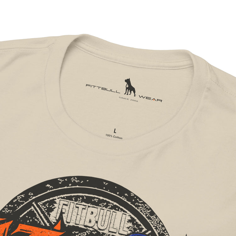 A  beige bodybuilding spotry 'Fitbull' t-shirt witnt logo and mitvation design logo.