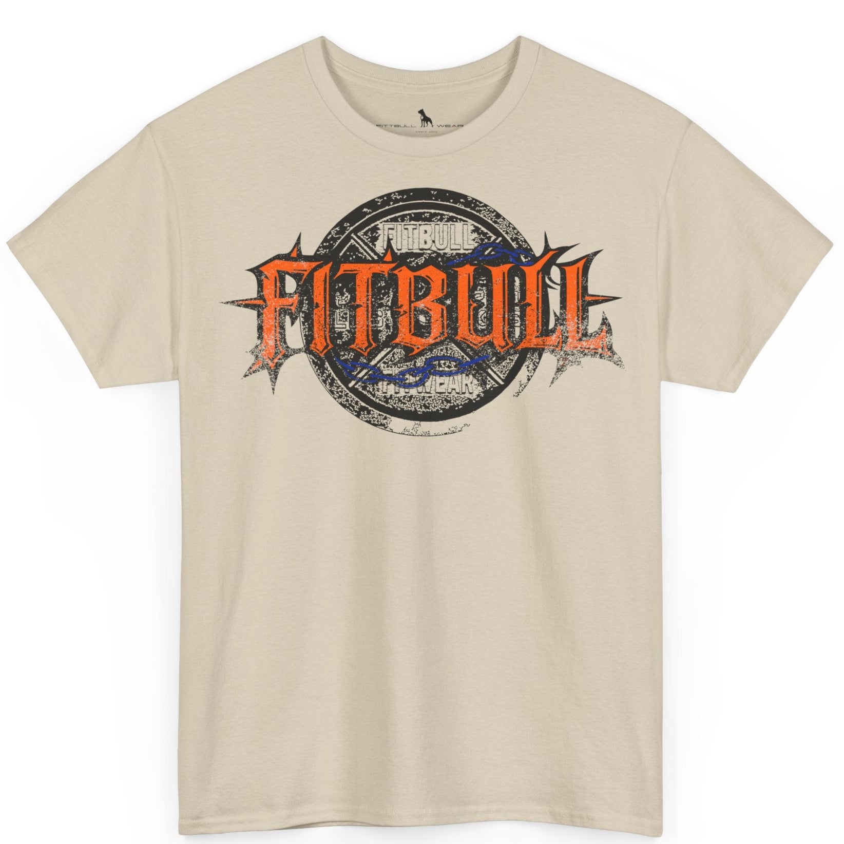 A  beige bodybuilding spotry 'Fitbull' t-shirt witnt logo and mitvation design.