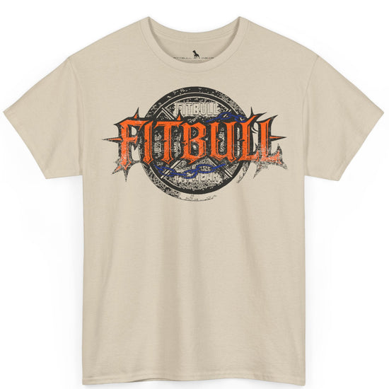 A  beige bodybuilding spotry 'Fitbull' t-shirt witnt logo and mitvation design.
