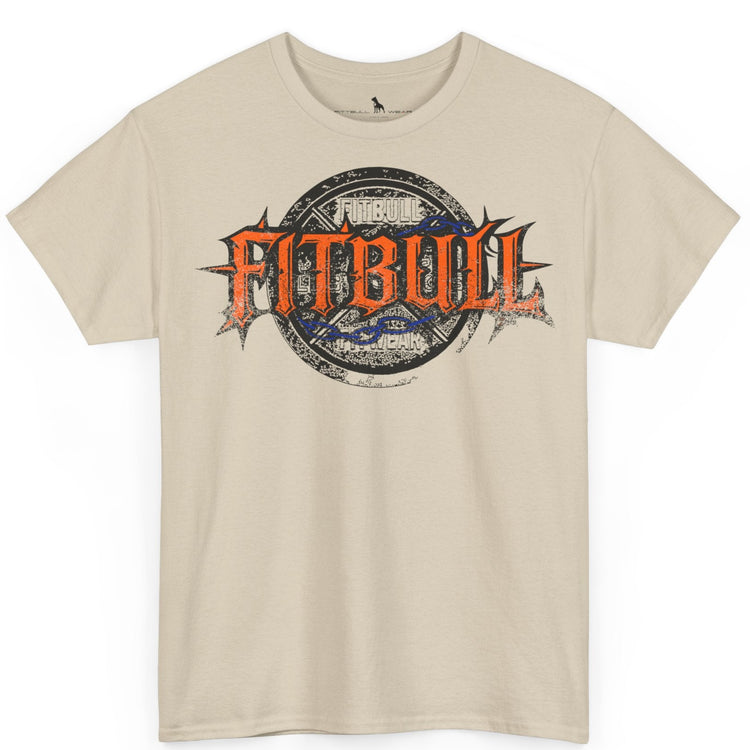 A  beige bodybuilding spotry 'Fitbull' t-shirt witnt logo and mitvation design.
