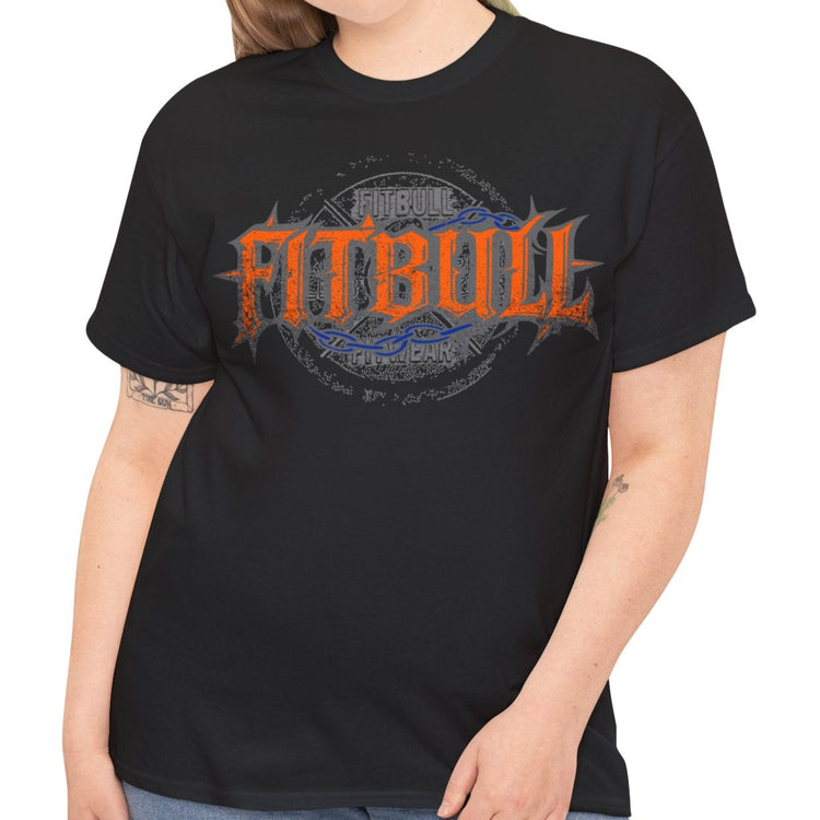 A  black bodybuilding spotry 'Fitbull' t-shirt witnt logo and mitvation design front.
