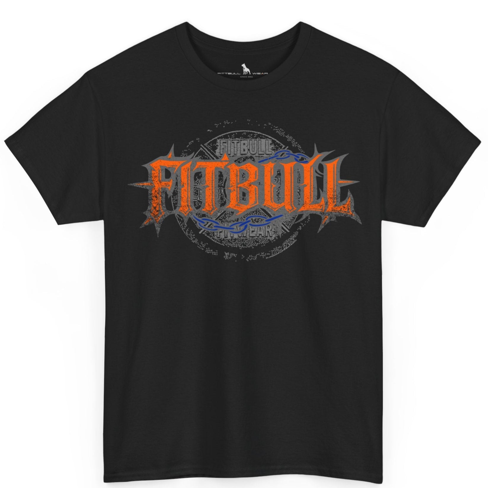 A  black bodybuilding spotry 'Fitbull' t-shirt witnt logo and mitvation design.