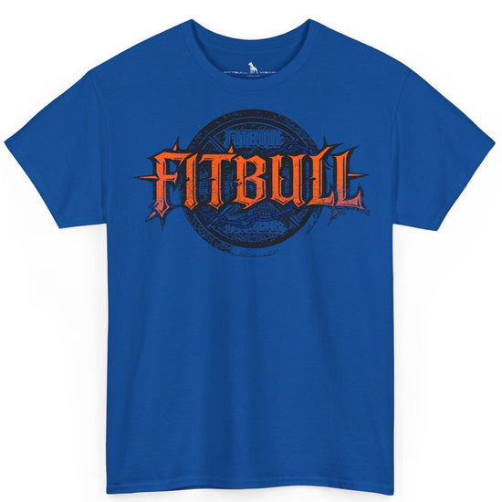 A  blue bodybuilding spotry 'Fitbull' t-shirt witnt logo and mitvation design.