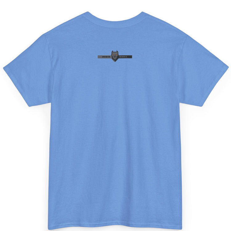 A  carolina blue bodybuilding spotry 'Fitbull' t-shirt witnt logo and mitvation design back.