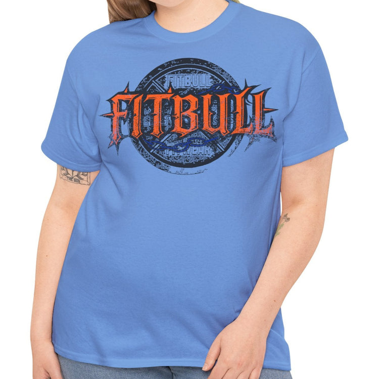 A  carolina blue bodybuilding spotry 'Fitbull' t-shirt witnt logo and mitvation design front.