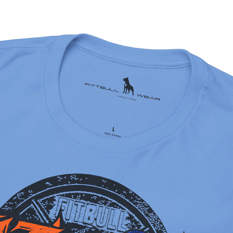 Light blue t-shirt with Fitbull Wear logo and branding on a white background