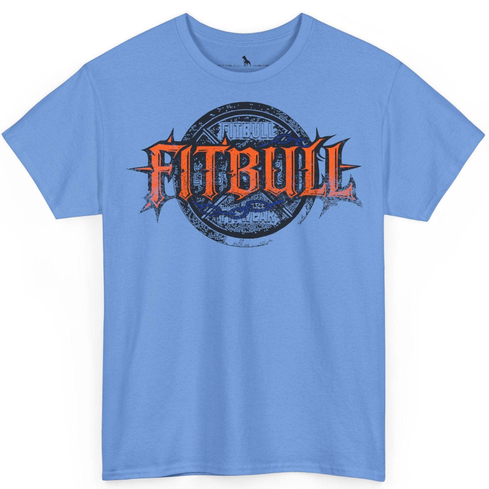 A  carolina blue bodybuilding spotry 'Fitbull' t-shirt witnt logo and mitvation design.