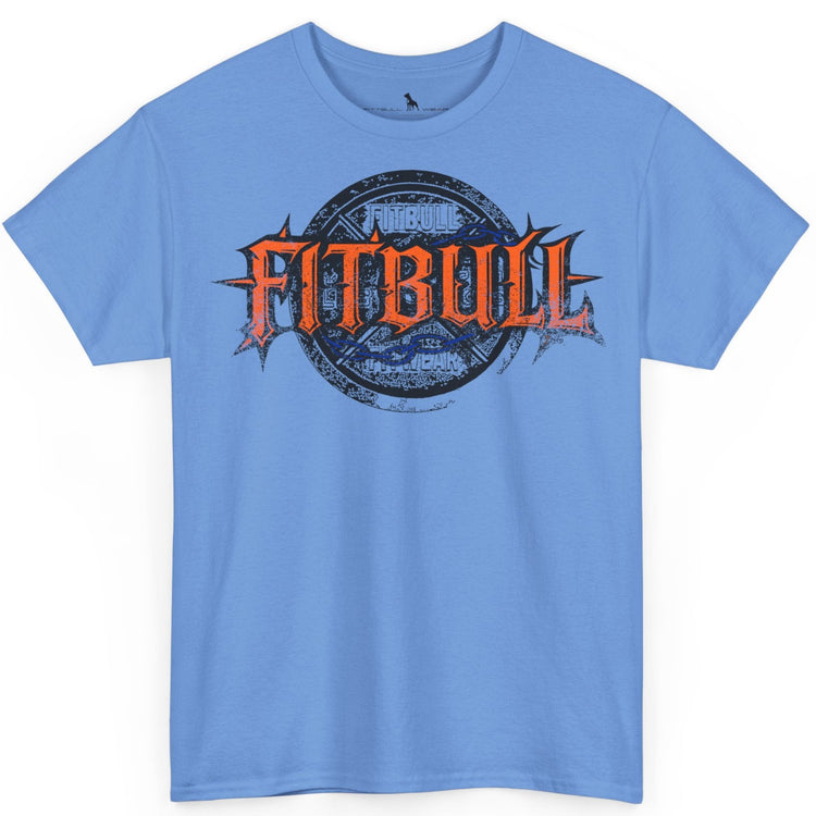 A  carolina blue bodybuilding spotry 'Fitbull' t-shirt witnt logo and mitvation design.