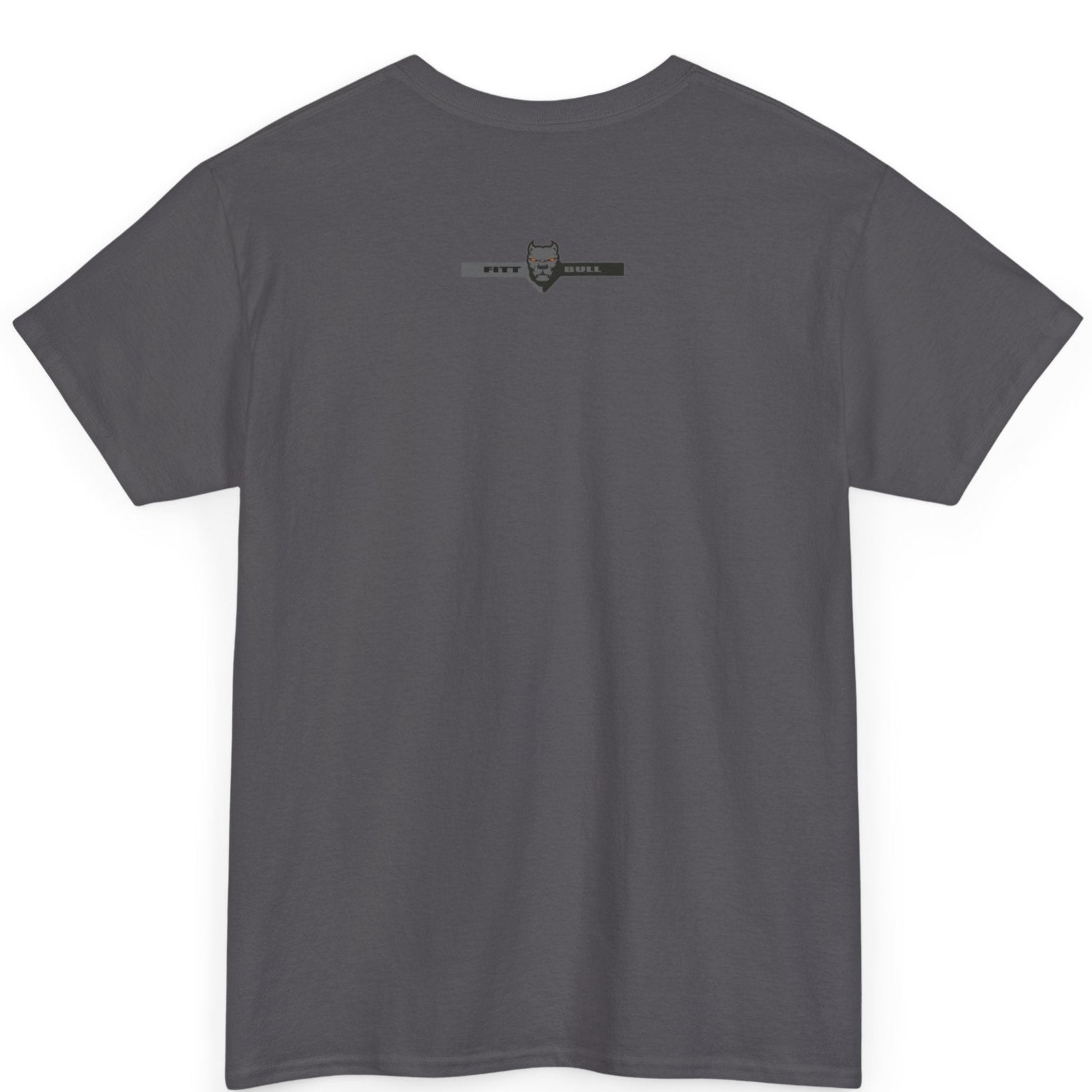 A  charcoal bodybuilding spotry 'Fitbull' t-shirt witnt logo and mitvation design back.