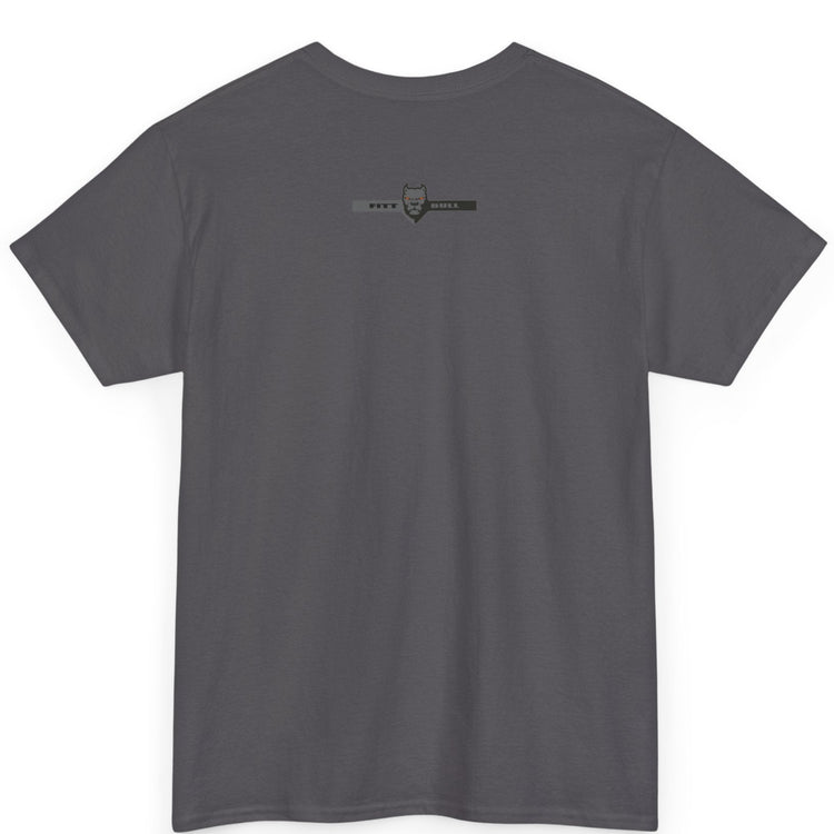 A  charcoal bodybuilding spotry 'Fitbull' t-shirt witnt logo and mitvation design back.