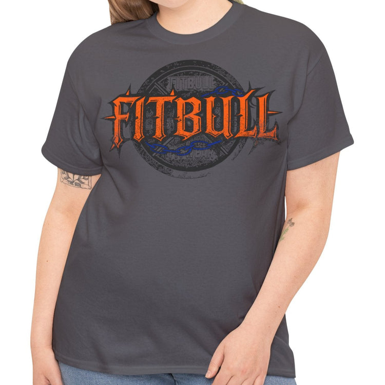 A  charcoal bodybuilding spotry 'Fitbull' t-shirt witnt logo and mitvation design front.