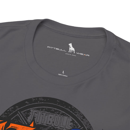 Gray t-shirt with Fitbull Wear logo and branding on a white background