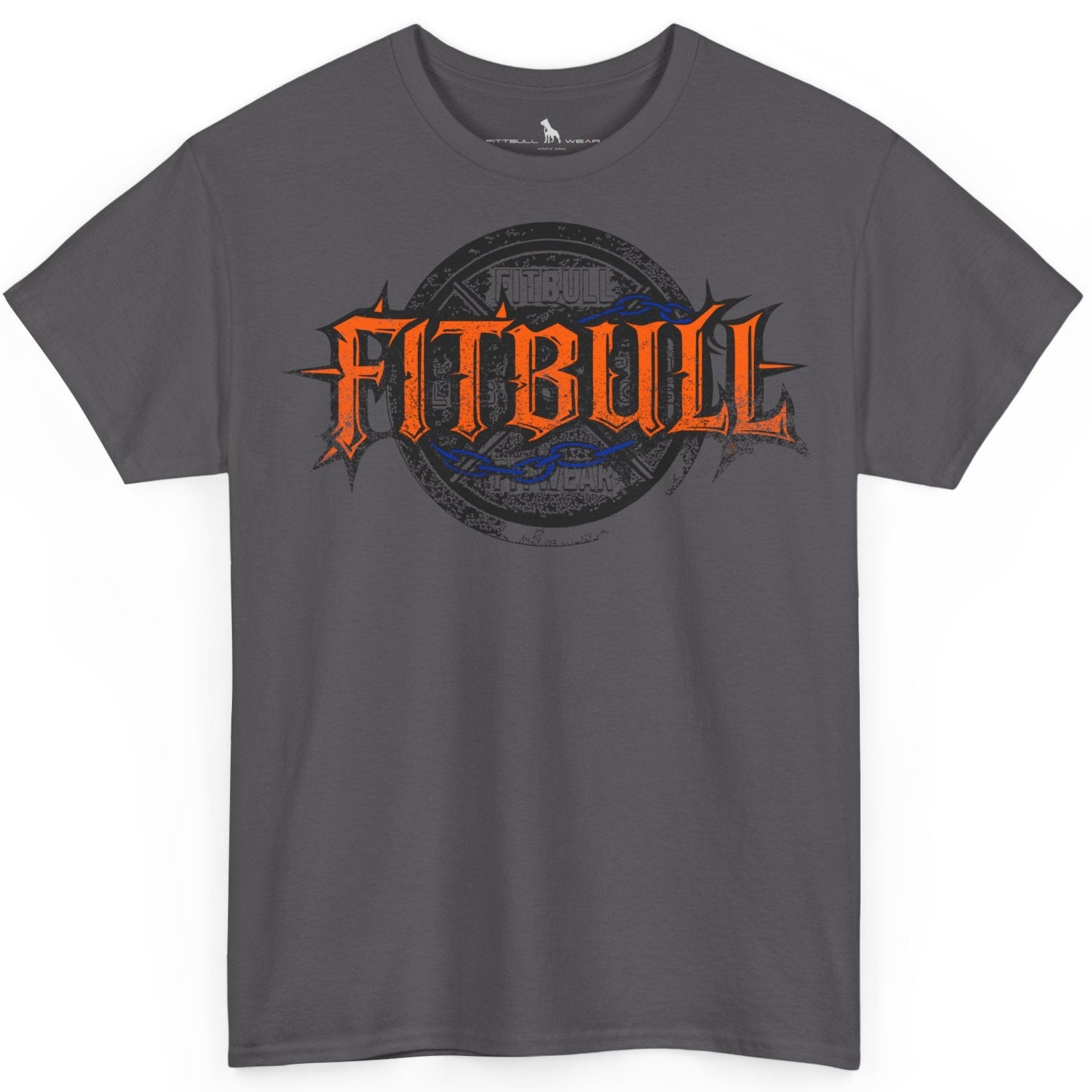 A  charcoal bodybuilding spotry 'Fitbull' t-shirt witnt logo and mitvation design.