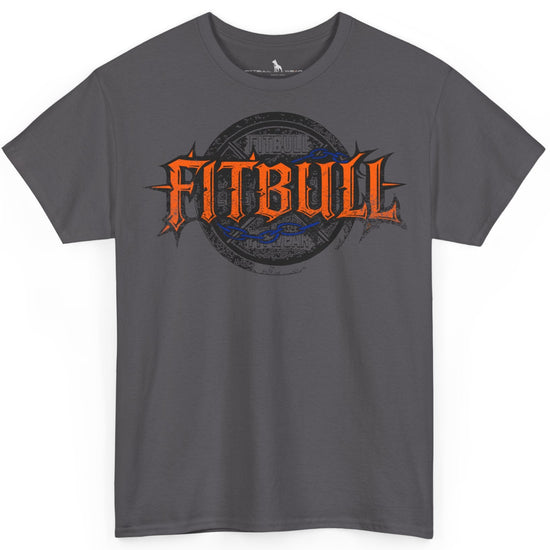A  charcoal bodybuilding spotry 'Fitbull' t-shirt witnt logo and mitvation design.
