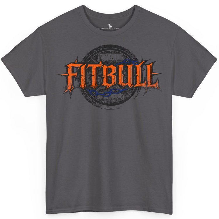 A  charcoal bodybuilding spotry 'Fitbull' t-shirt witnt logo and mitvation design.