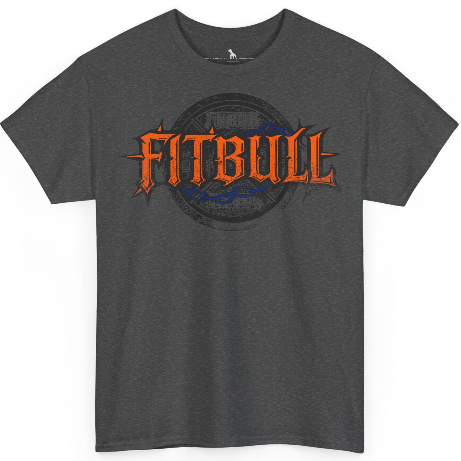 A  dark grey bodybuilding spotry 'Fitbull' t-shirt witnt logo and mitvation design.