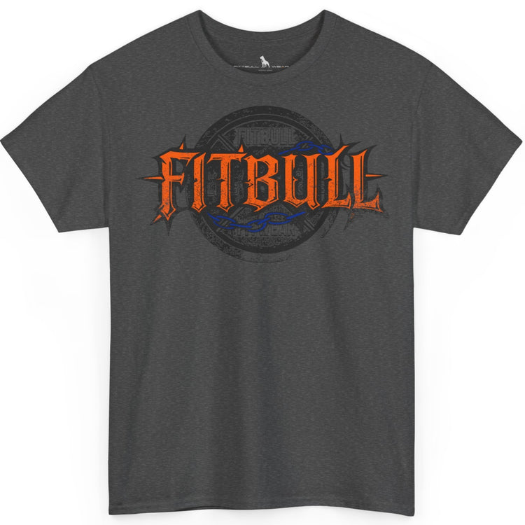 A  dark grey bodybuilding spotry 'Fitbull' t-shirt witnt logo and mitvation design.
