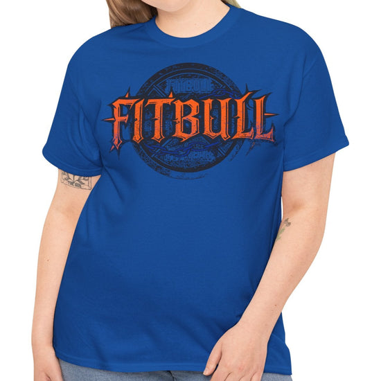 A  blue bodybuilding spotry 'Fitbull' t-shirt witnt logo and mitvation design front