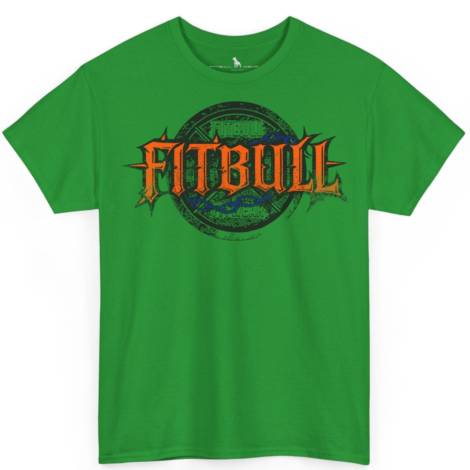 A  green bodybuilding spotry 'Fitbull' t-shirt witnt logo and mitvation design.