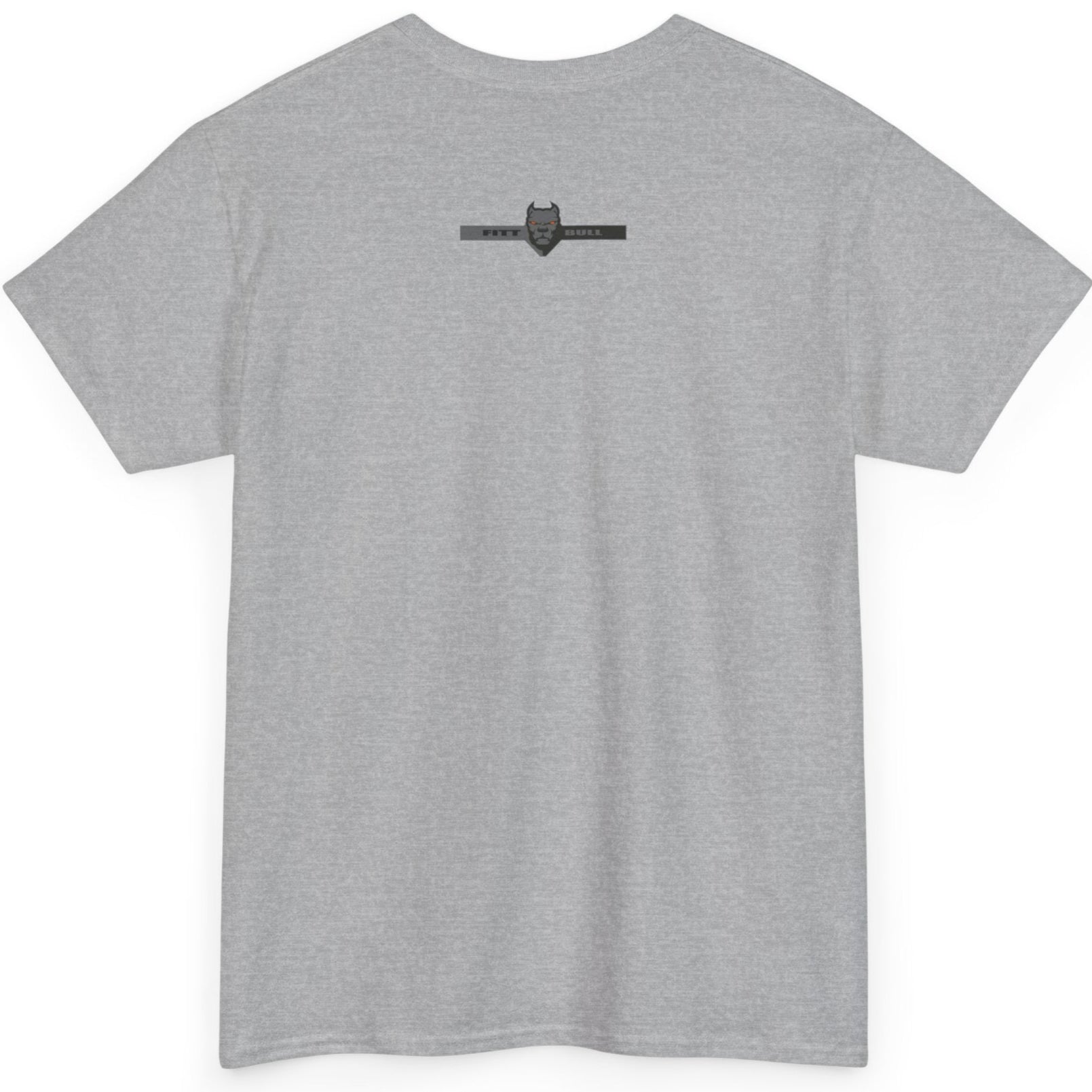 A  grey bodybuilding spotry 'Fitbull' t-shirt witnt logo and mitvation design back.