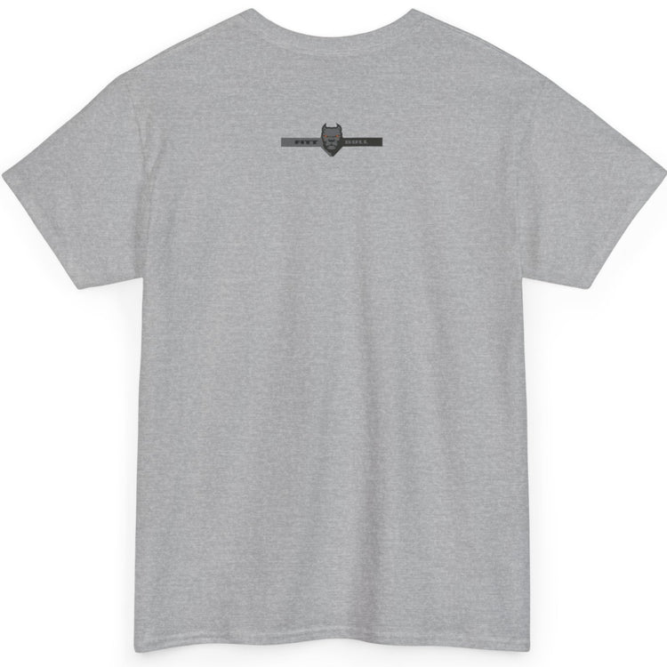 A  grey bodybuilding spotry 'Fitbull' t-shirt witnt logo and mitvation design back.