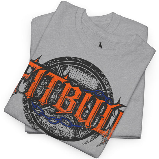 A  grey bodybuilding spotry 'Fitbull' t-shirt witnt logo and mitvation design logo.