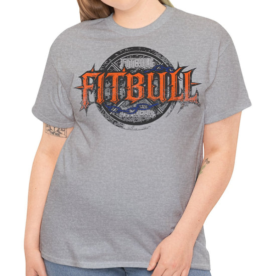 A  grey bodybuilding spotry 'Fitbull' t-shirt witnt logo and mitvation design front.