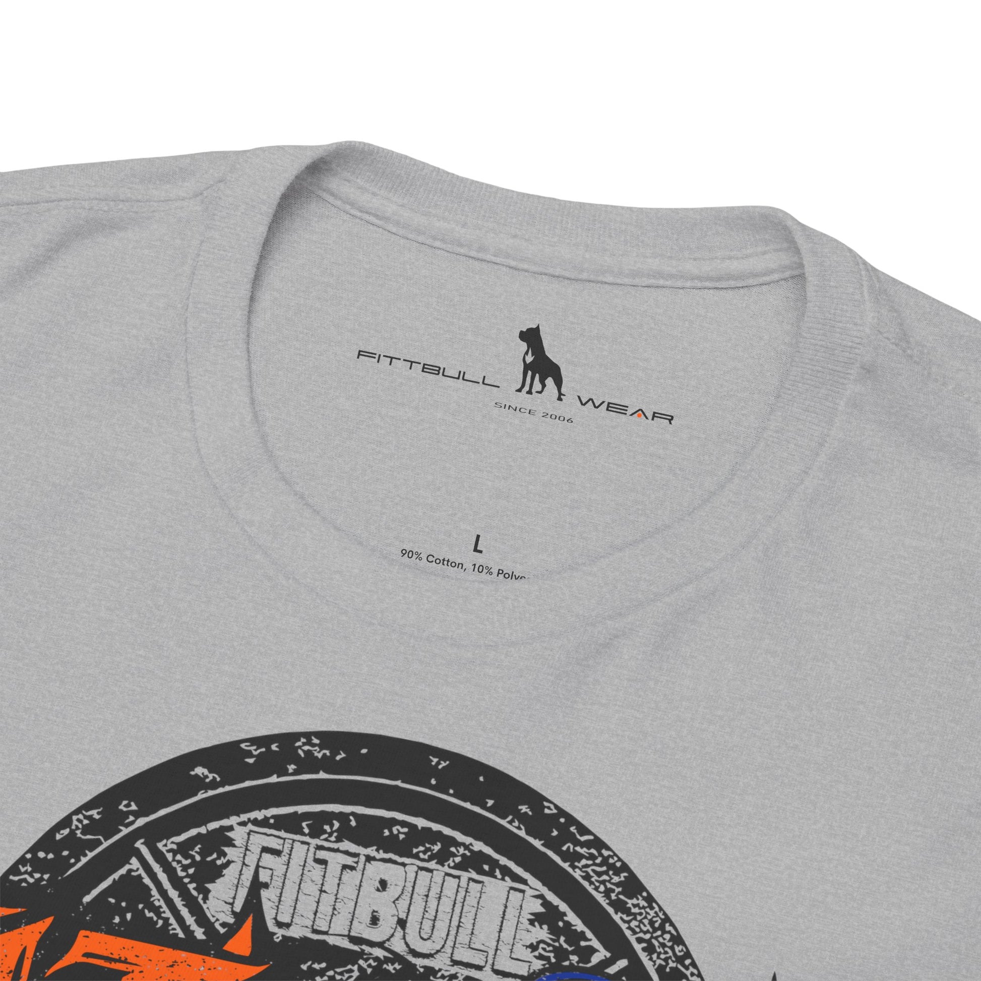 Gray t-shirt with Fitbull Wear logo and branding on a white background