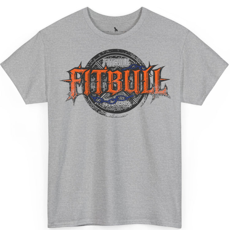 A  grey bodybuilding spotry 'Fitbull' t-shirt witnt logo and mitvation design.