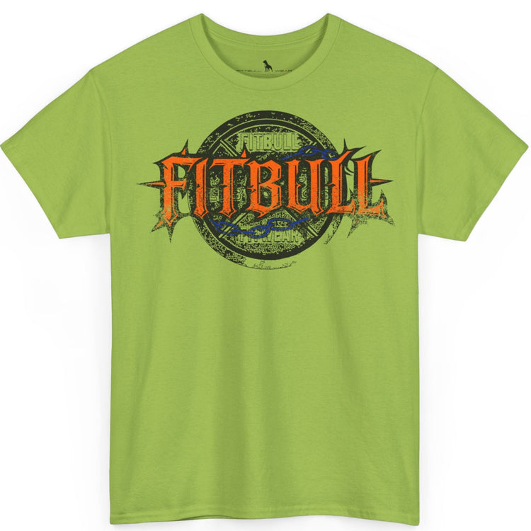 A  kiwi green bodybuilding spotry 'Fitbull' t-shirt witnt logo and mitvation design.