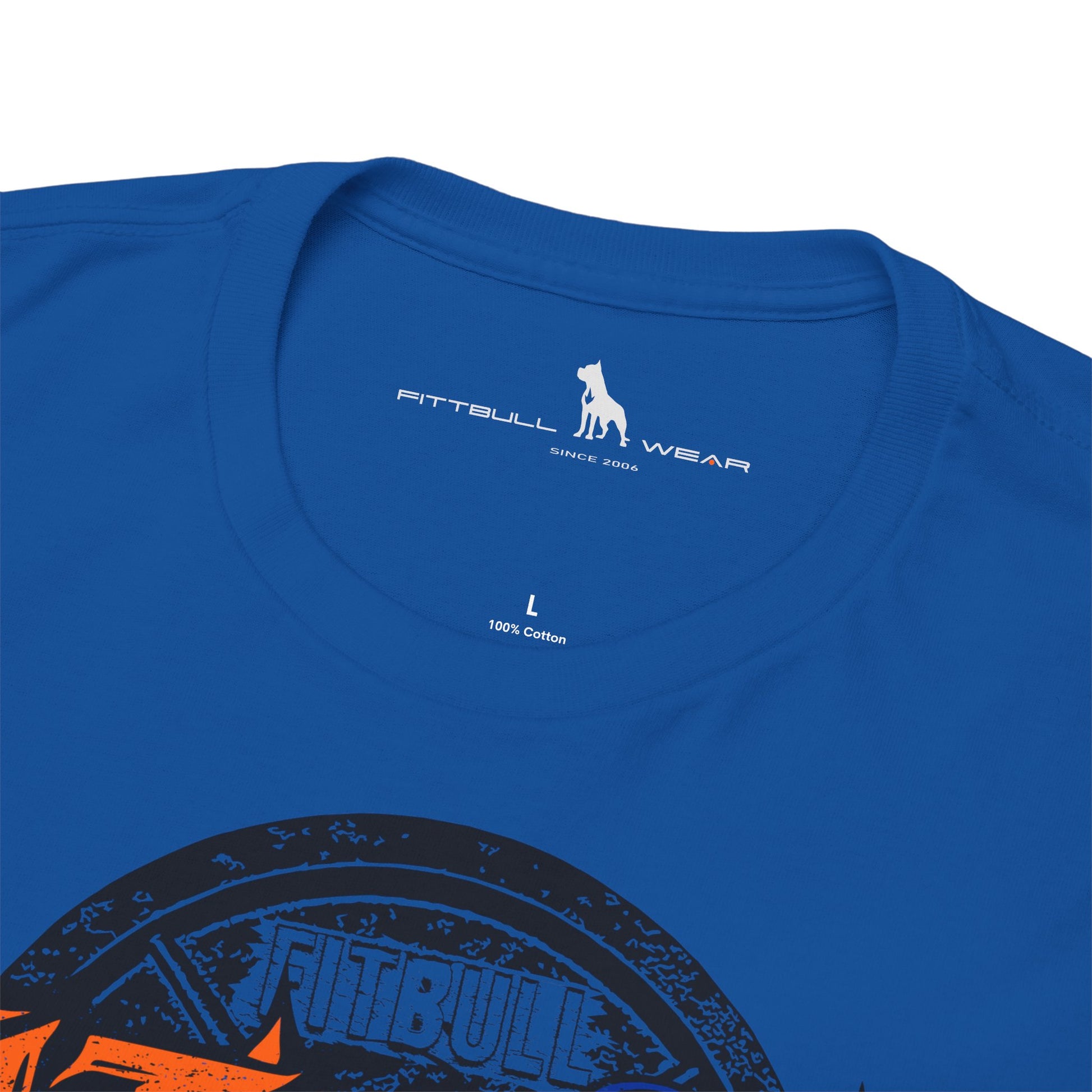 Blue t-shirt with Fitbull Wear logo and branding on a white background